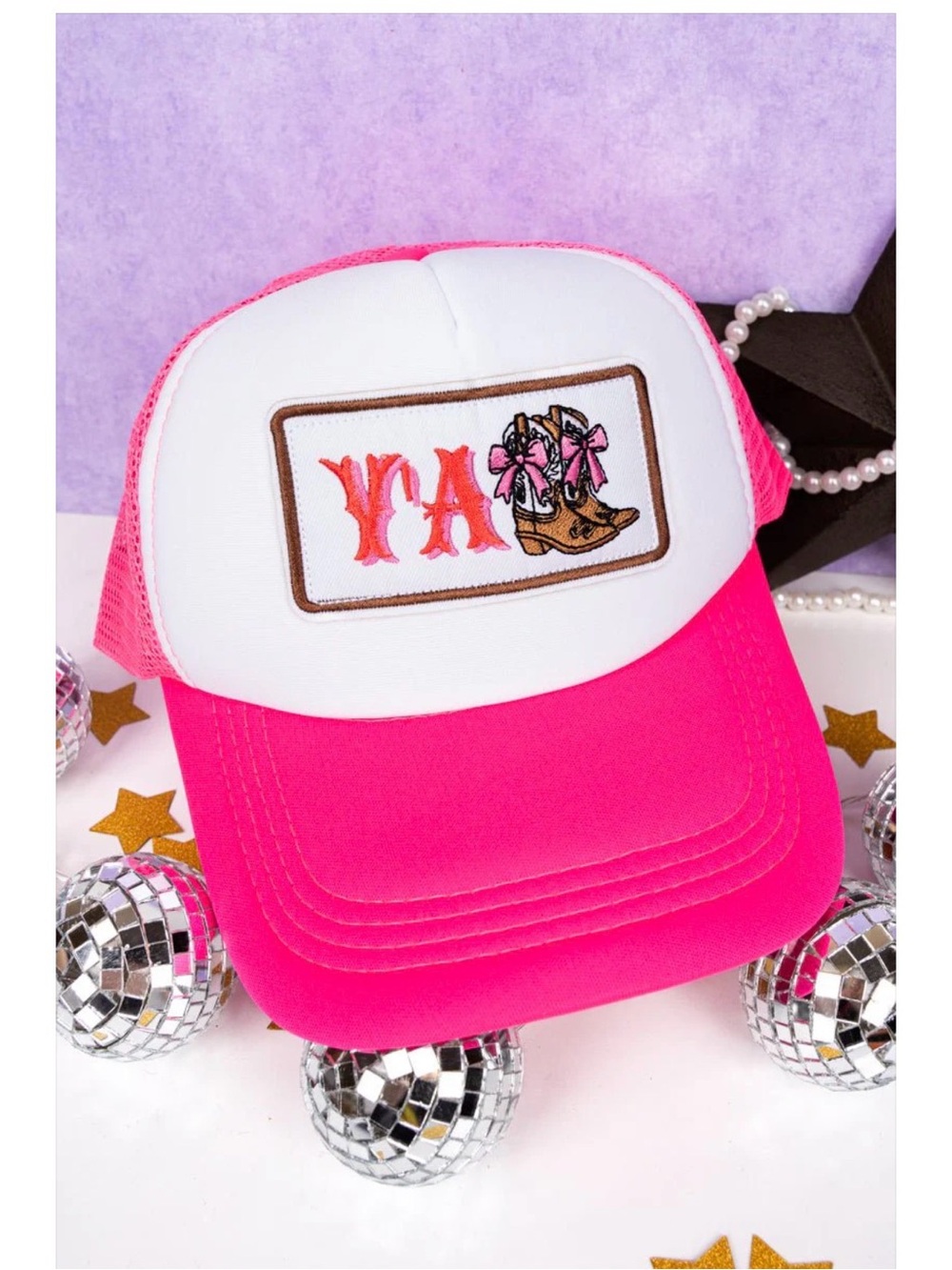 Pink & White Trucker Hat with Boot Patch